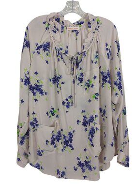 Rebecca Taylor Blouse Womens 8 Purple Floral V Neck Silk Tunic Top Patch Pockets